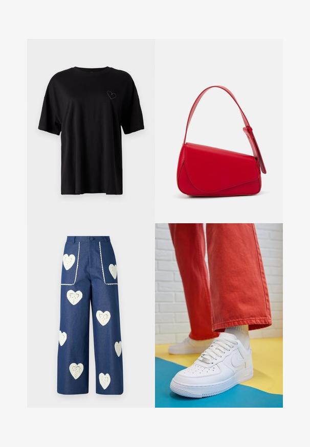 Black cotton T-shirt with short sleeves, relaxed fit, crew neckline, featuring a subtle heart design embroidered on the left chest area.; Sister Jane HEART TO HEART - Straight leg jeans - blue denim; White leather sneaker with perforated toe box, textured sole, and white laces, paired with wide red pants and a blue and yellow background.; Red leather handbag with an angular, geometric design. Features a single adjustable strap and a flap closure with stitched detailing.