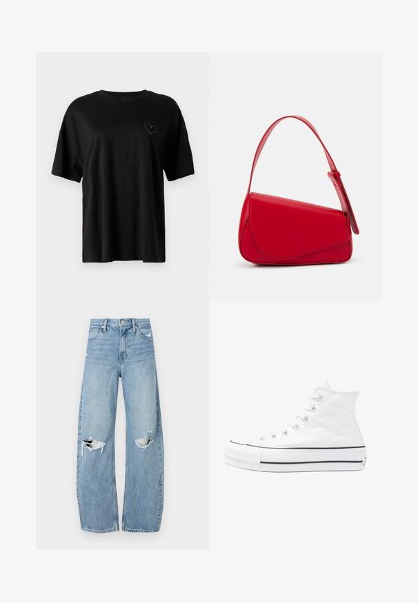 Črna bombažna majica s kratkimi rokavi, sproščenega kroja, okroglega izreza, ki vsebuje diskreten vezen srček na levem prsnem delu.; Svijetloplave traperice visoki struk. Imaju široke nogavice, dva poderana područja na koljenima i klasičan petotoksi stil.; Beli visoki platneni športni čevelj z črnim gumijastim podplatom, sprednjim gumijastim zaščitnikom za prste in šestimi luknjicami za vezalke, ki se ponaša s preprostim, minimalističnim dizajnom.; Rdeča usnjena torba z angularnim, geometrijskim dizajnom. Ima en samostoječ nastavljiv ročaj in pokrov, zaprt z zapiranjem, ki je okrašen s šivi.