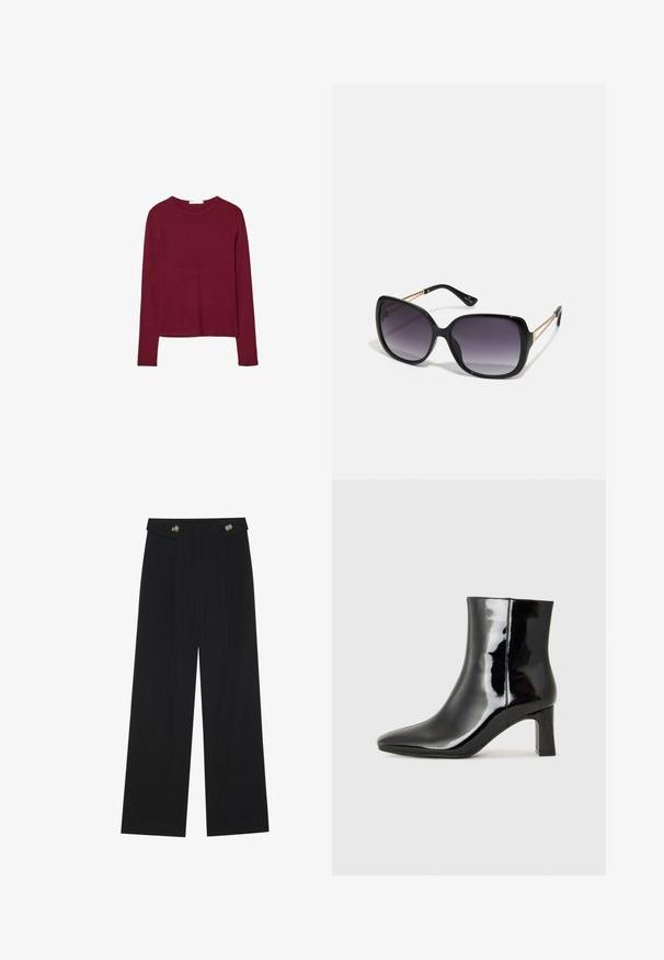 Bordeaux lange mouwen top met een ronde hals, gemaakt van een zachte stof. Heeft een aansluitend ontwerp en een rechte zoom. Geen patronen of accenten zichtbaar.; Zwarte wijde broek met hoge taille, knoopdetails op de tailleband en plooien aan de voorkant.; Zwarte gepolijste leren enkellaars met een spitse neus en een blokhak van gemiddelde hoogte. Glad textuur en minimalistisch ontwerp.; Zwarte oversized zonnebril met gradient glazen, dikke montuur en gouden kettingdetails op de pootjes.; PULL&BEAR SHOPPER  - Shopper - grey