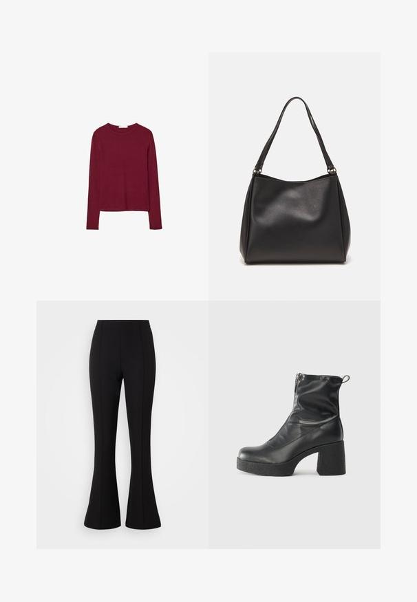 Burgunderfarbenes Langarmoberteil mit rundem Ausschnitt, aus weichem Stoff gefertigt. Hat ein tailliertes Design und einen geraden Saum. Keine Muster oder Akzente sichtbar.; Schwarze, ausgestellte Hosen aus elastischem Stoff, mit glatter Textur, hohem Bund und Nahtdetails an der Vorderseite.; Schwarze Stiefeletten aus glattem Leder mit seitlichem Reißverschluss, klobigem strukturiertem Absatz und runder Zehenform.; Schwarze Handtasche aus synthetischem Leder mit weicher Textur, Hobo-Form und doppelten Schulterriemen; zeichnet sich durch ein glänzendes Finish und minimalistisches Design aus.