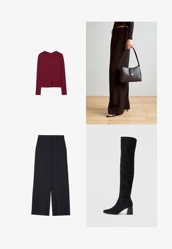 Haut bourgogne à manches longues avec un col rond, fabriqué en tissu doux. Présente un design ajusté et un ourlet droit. Aucun motif ni accent visible.; Pantalons ample en tissu bleu marine foncé, avec une texture lisse, des plis avant et des œillets décoratifs en ton doré sur les poches latérales.; Botte noire en daim montée jusqu'au genou, avec un talon bloc, un bout pointu et un design lisse et sans couture sur un fond clair.; Sac à main noir à la forme structurée, texture lisse et fermoir métallique. Associé à un pantalon noir ample et des sandales ouvertes sur un sol en bois.