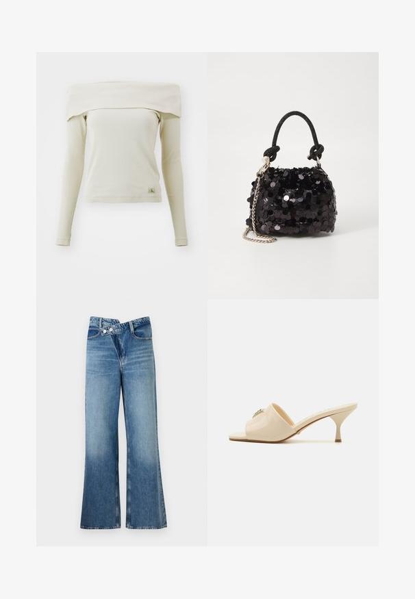 Váll nélküli, hosszú ujjú felső világos bézs bordázott anyagból, testhez simuló fazonnal, bal alsó részén egy kis logó címkével.; Világoskék, harang szabású farmernadrág magas derékkal, két gombbal és elülső zsebekkel. Az anyag megjelenése kopott, apró eltérésekkel.; Beige lakkbőr nyitott orrú muleszandál, alacsony stiletto sarokkal. Középen dekoratív díszítéssel ellátva. Simára polírozott, fényes felület.; Fekete flitteres mini kézitáska csomózott textúrájú pánttal és ezüst lánccal. Lekerekített forma, ráncolt tetejével és fényvisszaverő részletekkel.