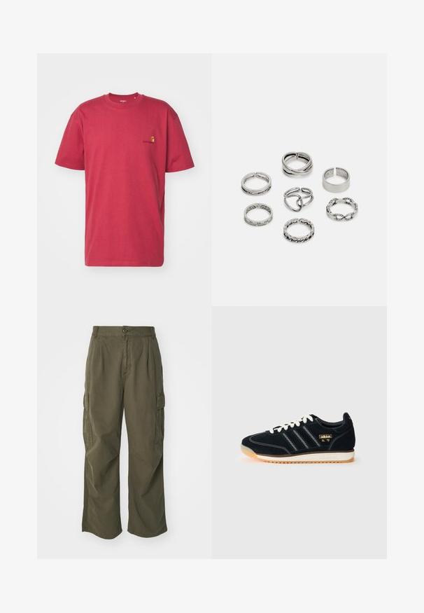 Carhartt WIP AMERICAN SCRIPT - Osnovna majica kratkih rukava - tuscany; Cargo hlače u maslinasto zelenoj boji, izrađene od pamuka, s širokim krojem, nabranim detaljima i bočnim džepovima za praktičnost.; Crnesuede tenisice s bijelim vezicama, tri bijele pruge sa strane, teksturirani detalji i gumeni potplat s laganim narančastim nijansama.; Set od sedam srebrnih prstenova s različitim dizajnima, uključujući uvrnute, povezane i gravirane uzorke. Različitih oblika i širina.