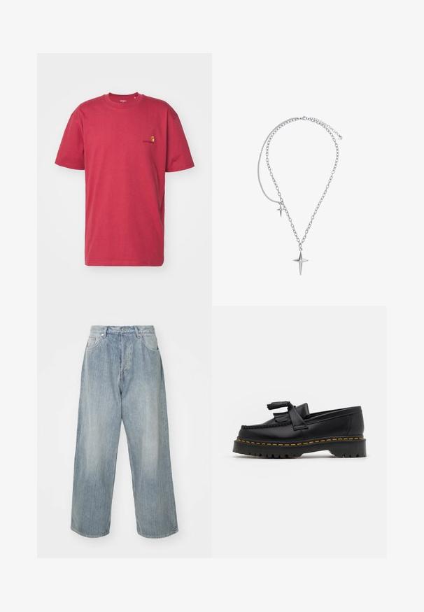 Carhartt WIP - T-shirt basic; Jasnoniebieskie dżinsy o luźnym kroju, wysokim stanie, pięciu kieszeniach i kontrastowym przeszyciu. Charakteryzują się prostą nogawką i czystymi brzegami.; Czarny skórzany mokasyn z frędzelkowymi akcentami, z masywną czarną podeszwą i żółtym przeszyciem wzdłuż krawędzi. Teksturowane wykończenie.; Heideman LUCA srebrny