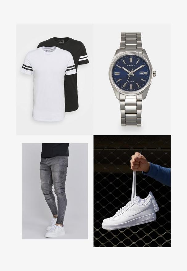 Due magliette a manica corta con collo tondo, una bianca con strisce nere sulle maniche, l'altra nera con strisce bianche, realizzate in morbido tessuto di cotone.; Jeans skinny in denim grigio sbiadito, con dettagli strappati sulle ginocchia, abbinati a sneakers bianche. Texture liscia, design slim fit.; Sneakers in pelle bianca con perforazioni, punta rotonda, suola piatta e lacci spessi, con logo swoosh visibile e "AIR" sul tallone.; Orologio da polso in acciaio inossidabile argento con quadrante blu navy, indici metallici e finestra della data alle 3. Resistente all'acqua fino a 50 metri.