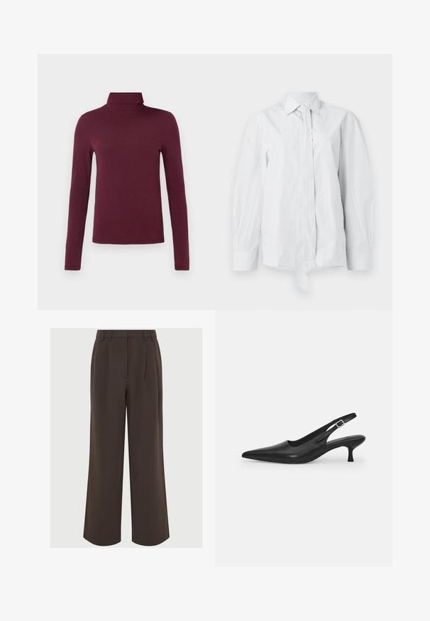 Bordeauxrode, getailleerde coltrui met lange mouwen, gemaakt van een zachte, lichte stof zonder patronen of zichtbare hardware.; Wit, lang mouwshirt met een klassieke kraag en een verlengde voorknoop. Gemaakt van een gladde stof, met een ontspannen pasvorm en zonder patronen.; Bruine wijde broek van soepel materiaal. Heeft plooien aan de voorkant en een op maat gemaakte tailleband met riemlussen voor aanpassing.; Zwarte leren slingback schoen met een puntige neus en een slanke, gebogen hak. Voorzien van een discrete verstelbare band met een metalen gesp.