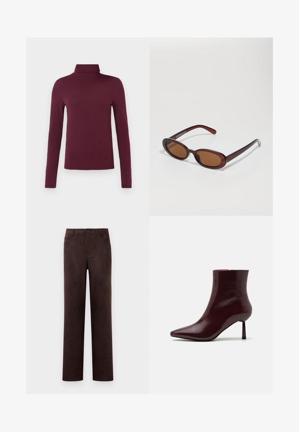 Bordo majica z dolgimi rokavi in visokim ovratnikom, izdelana iz mehke, lahke tkanine s prilagojeno zasnovo brez vzorcev ali vidne opreme.; Hlače iz temno rjave nobuk kože s ravnimi nogavicami, sprednjim gumbom in zadrgo, z zankami za pas in stranskimi žepi.; Burgundska patentna kožna gležnjarja s koničastim nosom in ozko špicasto peto, s gladko, sijočo teksturo in minimalističnim dizajnom.; Okrogle, rjavo obarvane sončne naočare z sijočim burgundskim okvirjem. Tanek nosilec s subtilnim logotipom. Oblika leč je ravna.; Tkanina burgundska torbica z zaobljeno obliko in enim ročajem, s teksturirano površino in elastičnim zaveznim zapiranjem.