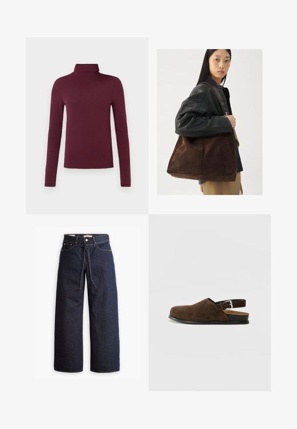 Cămașă burgundie cu mâneci lungi și guler înalt, realizată dintr-un material moale și ușor, cu un croi ajustat și fără modele sau elemente vizibile de fixare.; Blugi din denim cu talie înaltă, de culoare albastru închis, cu picior larg, dotati cu şnur pentru ajustare, cinci buzunare şi detalii de cusătură în contrast.; Pantofii din suede maro, slip-on, cu un toc mic, o curea ajustabilă cu o cataramă argintie și o talpă din cauciuc negru.; Geantă de umăr din suede maro, cu o formă largă și o textură moale, având o singură curea și hardware minim pe un fundal neutru.