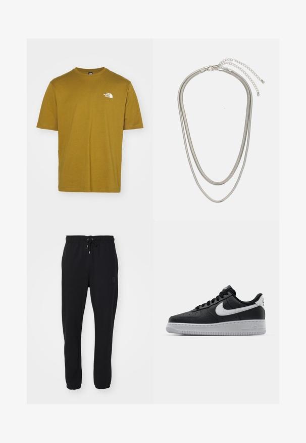 The North Face MENS TEE RELAXED HALF DOME - Triko s potiskem - moss green; Černé teplákové kalhoty s elastickým pasem a nastavitelnou šnůrkou, s manžetami na kotník a decentním logem na boku.; Černé kožené tenisky s texturovaným povrchem, bílým logem Nike, šedou podrážkou, kulatou špičkou a designem na šněrování. Obsahují perforace na špičce.; Vícevrstvý stříbrný kovový náhrdelník s elegantními, flexibilními řetízky s jemným leskem, zabezpečený karabinkou a nastavitelným řetízkem.