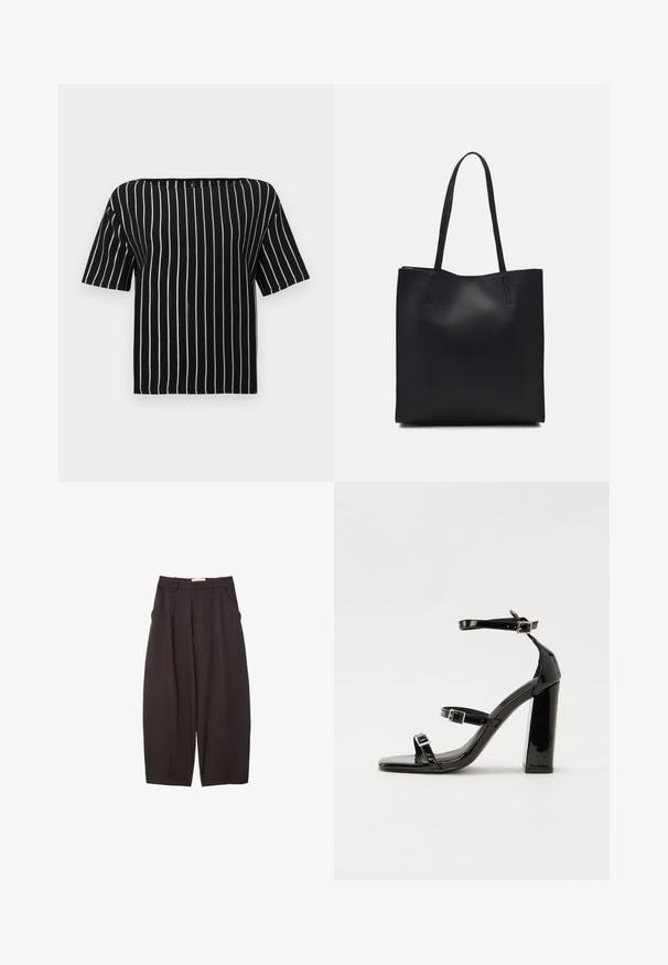 Čierno-biely pruhovaný top s krátkymi rukávmi, ktorý má štvorcový výstrih a voľný, pohodlný strih. Vyrobený z textúrovanej tkaniny.; Čierne široké nohavice vyrobené z hladkej tkaniny, s vysokým pásom, prednými skladmi a bočnými vreckami. Jednoduchý dizajn bez ozdôb.; Čierne lakované sandále na podpätku so štvorcovou špičkou, navlečenými remienkami okolo členku a striebornými prackami. Disponujú masívnym blokovým podpätkom pre stabilitu.; Čierna kožená taška na rameno s hladkým povrchom, obdĺžnikovým tvarom a dvoma dlhými uchami. Bez viditeľného kovania alebo ozdôb.