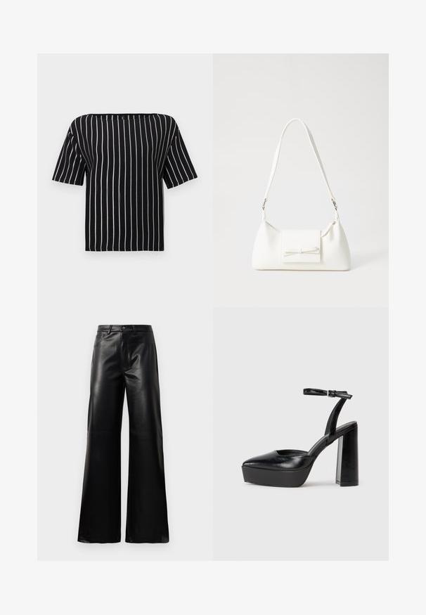 Blusa de manga curta tricolor em preto e branco com decote quadrado e um corte solto e descontraído. Feita de tecido texturizado.; Calças largas de imitação de couro pretas, de cintura alta, com botão frontal, fecho de correr, passadores de cinto e bolsos laterais sobre fundo branco.; Saltos altos pretos com bico fino e atilho ajustável no tornozelo. Confeccionados em couro suave, apresentam um salto bloco robusto.; Mala sintética branca com formato triangular, aba frontal plana e detalhe de laço, alça ajustável, textura suave e design minimalista.