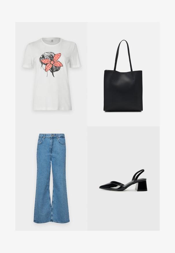 Fehér póló, fekete körvonalas frizurával és nagy piros mintás masnival a hátsó részen. Rövid ujjú és kerek nyakú.; Világoskék, trapézszárú farmernadrág, magas derékkal, öt zsebbel és egy gombos záródással. Puha tapintású, magasított effektusú anyag.; Fekete lakk bőr szandálkés magas sarkú cipő, hegyes orral és geometrikus tömbsarkakkal. Karcsú, minimalista dizájn és sima textúra jellemzi.; Fekete bőrtáska sima felszínnel, téglalap alakú, két hosszú füllel. Nincs látható fémkiegészítő vagy díszítés.