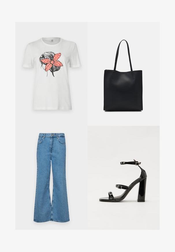 Bijela majica s crnim obrubom frizure i velikom crvenom mašnom s uzorkom na leđima. Kratki rukavi i okrugli izrez.; Svijetloplave traperice s flared nogavicama, visokog struka, s pet džepova i jednim dugmetom za zatvaranje. Mekani materijal s izblijedjelim izgledom.; Crne lakirane sandale na pete sa kvadratnim nosom, trakama oko gležnja i srebrnim kopčama. Imaju čvrst blok petu za stabilnost.; Crna kožna torba za nošenje s glatkom teksturom, pravokutnim oblikom i dvije duge ručke. Nema vidljivih metalnih dijelova ili ukrasa.