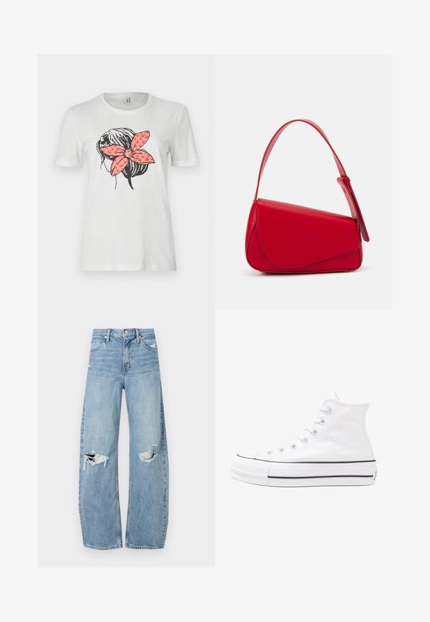 Bijela majica s crnim obrubom frizure i velikom crvenom mašnom s uzorkom na leđima. Kratki rukavi i okrugli izrez.; Svijetloplave, visoko-strukirane traperice. Imaju široke nogavice, dva razderana područja na koljenima i klasičan stil s pet džepova.; Bijela visoka platnena tenisica s crnom gumenom potplatom, prednjim gumenim zaštitnikom prstiju i šest rupa za vezanje, s čistim, minimalističkim dizajnom.; Crvena kožna torba s kutnim, geometrijskim dizajnom. Ima jedan podesivi remen i preklopni zatvarač sa šivenim detaljima.