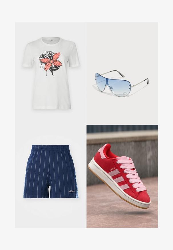 Balta marškinėliai su juodu plauko siluetu ir dideliu raštuotu raudonu kaspinu nugarėje. Trumpomis rankovėmis ir apvaliu kaklu.; Tamsiai mėlyni šortai su baltais dryžiais, elastinga juostos, ir Adidas logotipu. Savybė - mėlyni akcentai šonuose, pagaminti iš medvilnės mišinio.; Raudoni suediniai sportbačiai su rožiniais akcentais, turintys tris baltas juosteles ir šviesiai rožinius raištelius. Balta tarpinė ir gumos guminė padas.; Aviatoriai akiniai su gradientiniais mėlynais objektyvais, sidabriniu metaliniu rėmu ir dekoratyvinėmis žvaigždžių akcentais ant objektyvų. Lygaus ir stilingo dizaino.