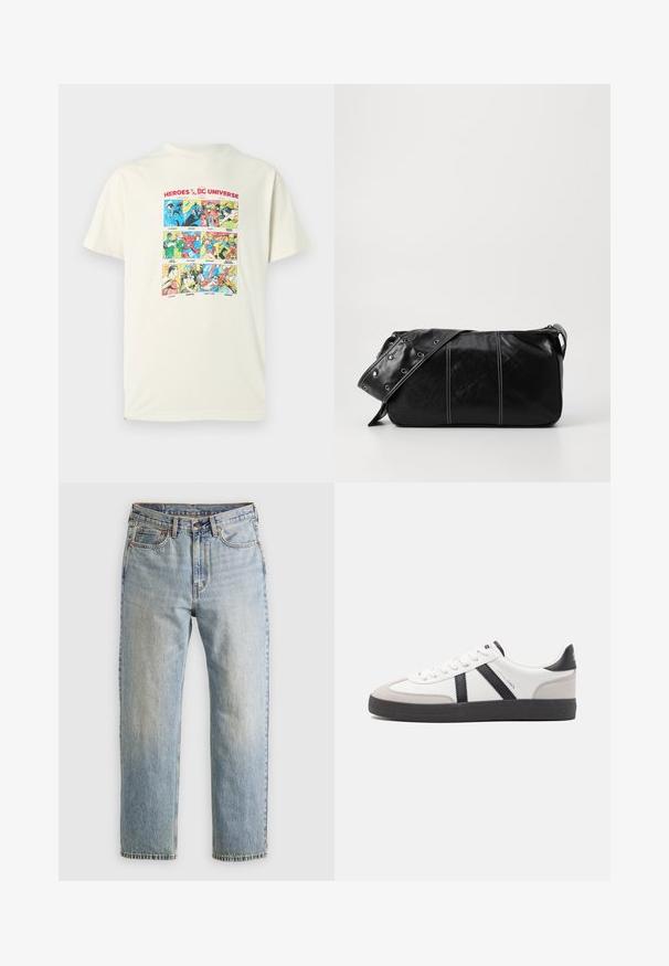 T-shirt in cotone beige chiaro con stampa a pannello a fumetti colorata con vari supereroi DC. Maniche corte e scollo rotondo.; Jeans in denim azzurro chiaro con vita alta, bottone anteriore, cerniera e design a cinque tasche, adagiati su uno sfondo neutro.; Sneaker bianco con accenti neri e grigi, dotata di una punta grigia testurizzata, suola in gomma nera e lacci bianchi piatti. Design pulito, stile minimalista.; Borsa a spalla in pelle nera con chiusura a zip, caratterizzata da un corpo testurizzato, cuciture bianche e una tracolla con occhielli in argento.