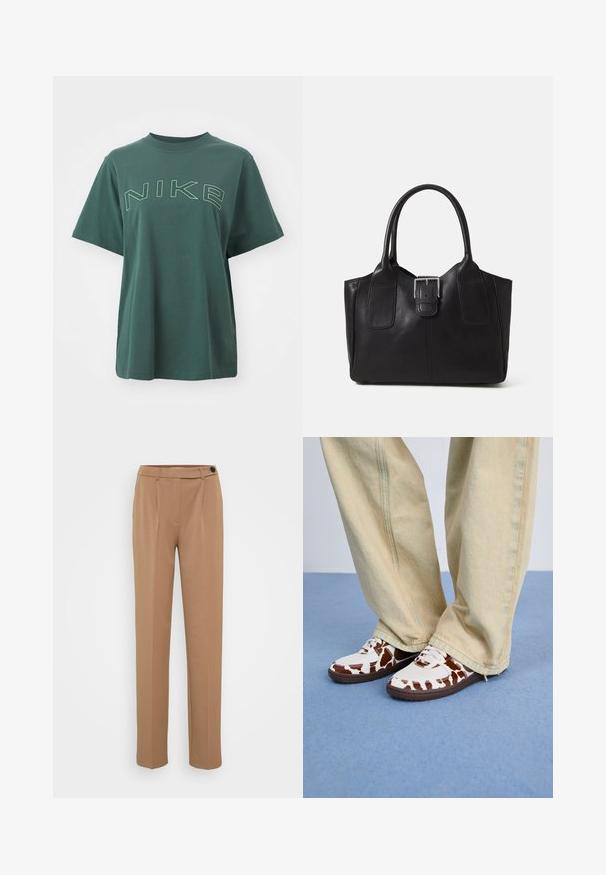 Nike Sportswear PHOENIX TEE - Μπλουζάκι με στάμπα - vintage green; Καφέ ραμμένα παντελόνια με ίσια γραμμή, διαθέτουν κλείσιμο με ένα κουμπί και πιέτες στο μπροστινό μέρος. Λείος υφή, μινιμαλιστικό στυλ.; Λευκά και καφέ παπούτσια αθλητικά με σχέδιο, από δίχτυ και δέρμα, με καφέ καουτσούκ σόλες. Συνδυασμένα με ανοιχτό μπεζ παντελόνι φαρδύ.; Μαύρη δερμάτινη τσάντα tote με λείο υφή, δομημένο σχήμα, δύο λαβές και επιφανές ασημένιο κούμπωμα μπροστά.