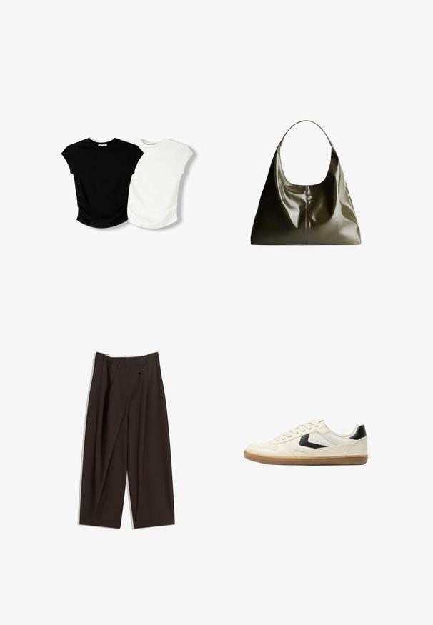 Două bluze cu mânecă scurtă: una neagră și una albă. Ambele au un design ajustat cu detalii pliate pe laterale și hemuri rotunjite.; Pantaloni largi de culoare maron închis, cu talie înaltă, având închiere cu un singur nasture și un față pliată. Confectionați dintr-un material ușor.; Bershka Sneakers low - white; Geantă de umăr din piele de culoare verde măslinie, cu un finisaj neted și lucios. Prezintă un vârf rotunjit și o formă moale, plisată. Design minimalist.