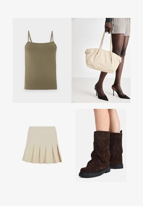 Olivno zelena majica na bretele, izdelana iz gladkega materiala, z tankimi nastavljivimi naramnicami in prilegajočim dizajnom. Brez vzorcev ali dodatkov.; Bežna plišana krila s prilagojenim pasom, izdelana iz gladkega materiala. Ima več vertikalnih gub in raven rob.; Rjave gamšaste škornje do polovice teleta z črnimi gumijastimi podplati, nošene na golih nogah, s rahlim gubanjem na zgornjem delu škornjev.; Bežna torba iz usnja z gladko površino, strukturirano obliko, dvema ročajema in stranskimi zaponkami. V paru z elegantnimi črnimi petkami.