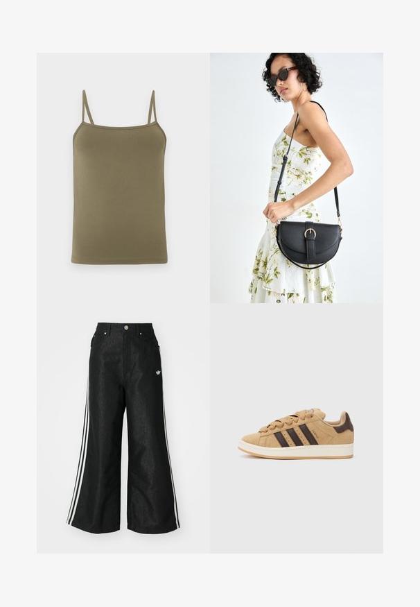 Canotta verde oliva, realizzata in tessuto morbido, con sottili spalline regolabili e un design aderente. Senza motivi né accenti.; Pantaloni in denim neri a gamba larga con tre strisce bianche su ciascun lato e un piccolo logo bianco. Presentano tasche frontali e chiusura con bottone.; Sneaker in suede marrone con tre righe marroni scure, suola bianca e lacci beige. Abbinati a pantaloni a righe turchesi e bianche.; Borsa a tracolla nera in pelle con una forma curva, manico rimovibile e accessori dorati. La borsa presenta una patta con un dettaglio a fibbia.