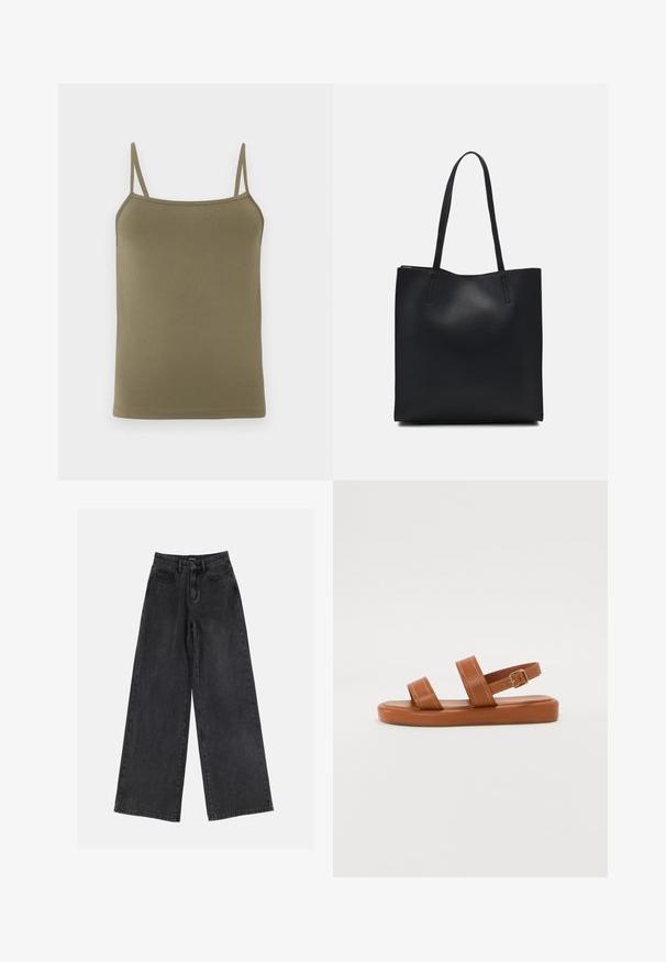 Oliven grønne camiser, laget av jevnt stoff, med tynne, justerbare skulderstropper og en tettsittende design. Ingen mønstre eller detaljer.; Svart bred ben jeans i denim med høy midje, klassisk fem-lommers design og subtil fading. Holdbart stoff med en jevn tekstur.; Brune skinnsandaler med to brede stropper og bakstropp, med en flat såle med subtile sømdetaljer og metallspenneaccent.; Svart lær tote bag med glatt tekstur, rektangulær form og to lange håndtak. Ingen synlige deler eller dekorasjoner.