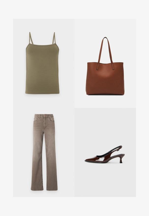 Olivově zelený tílko, vyrobené z hladké tkaniny, s tenkými nastavitelnými ramínky a přiléhavým střihem. Bez vzorů nebo dekorací.; Hnědé džínsy s vysokým pasem, rovné nohy, předním knoflíkem, poutky na opasek a klasickým designem pěti kapes na bílém pozadí.; Hnědé lakované kožené slingback boty s špičatou špičkou a mírným podpatkem. Disponují přezkou pro bezpečné upevnění. Hladký povrch.; Hnědá kožená taška přes rameno s hladkou texturou, otevřeným designem a dvěma ramenními popruhy. Obsahuje minimální švy a žádné viditelné kovové prvky.