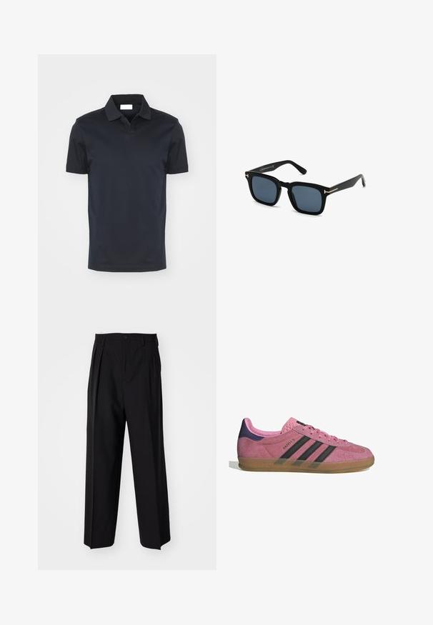 Tummansininen polo-paita, jossa on klassinen kaulus ja lyhyet hihat, valmistettu sileästä kankaasta. Ominaisuuksiin kuuluu suora helma ja ei näkyviä kuvioita.; Mustat laskostetut housut, joissa on suora, leveä lahje. Valmistettu sileästä kankaasta, jossa on nappisuljenta ja vyölenkit.; Vaaleanpunaiset mokkanahkakengät mustilla raidoilla, kumipohjalla ja teksturoidulla purppurakorkealla. Varustettu nauhakiinnityksellä ja kohokuvioidulla brändäyksellä sivussa.; Mustat neliömäiset aurinkolasit tummilla linsseillä, mattapintaiset ja kultaiset metalliset yksityiskohdat temppeleissä, minimalistinen muotoilu.