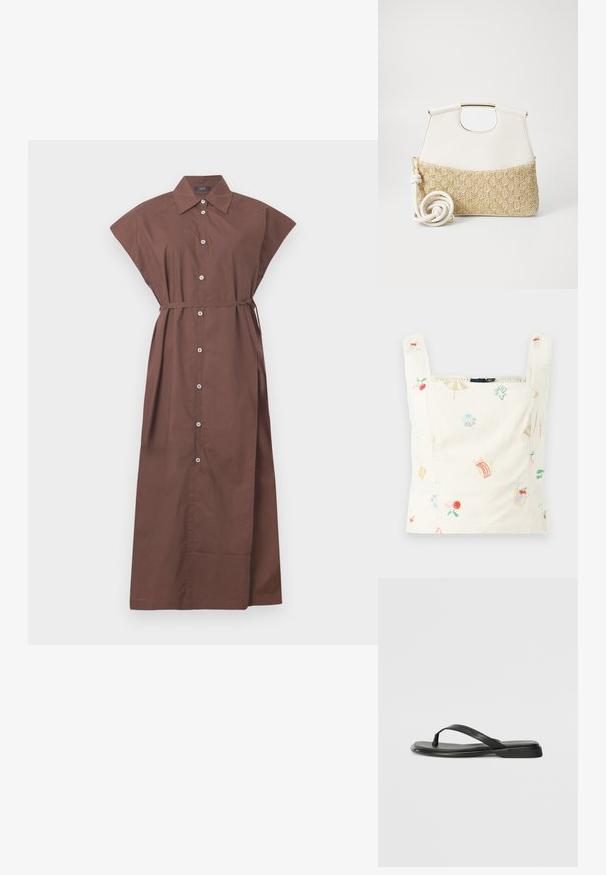 Hímzett pamut ujjatlan felső, krém színű háttérrel, színes motívumokkal, mint például gyümölcsök, italok és tengerparti tárgyak; négyzet alakú kivágás és elasztikus szegély.; Barna gombos ruha, galléros nyakkal, rövid ujjakkal, deréknál megkötős övvel és hosszú, lebegő fazonnal. Sima pamut anyag.; Fekete papucs sima bőrből, vékony pántkel és lapos talppal rendelkezik, minimális profilú. Nincsenek kiemelkedő minták vagy díszítések.; Fehér bőr kézitáska texturált krémszínű, szőtt anyagú aljjal. Aranyszínű fogantyúval és tekert fehér pánttal rendelkezik a sokoldalúság érdekében.