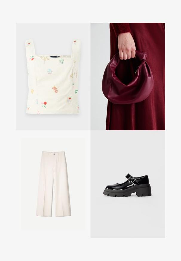 Geborduurd katoenen tanktop met een crèmekleurige achtergrond en kleurrijke motieven zoals fruit, drankjes en stranditems; vierkante halslijn en elastische rand.; Crème brede broek met een tailored ontwerp, voorzien van twee voorzakken en een enkele sluiting met een knop aan de voorkant, gemaakt van een gladde stof.; Zwarte lakleren Mary Jane-schoen met een robuuste zwarte zool, voorzien van een zijgespsluiting en een ronde neusstudio.; Bordeaux leren handtas met een zacht, gegathered ontwerp en een ronde vorm. De handgreep is stevig bevestigd en toont een gladde textuur.