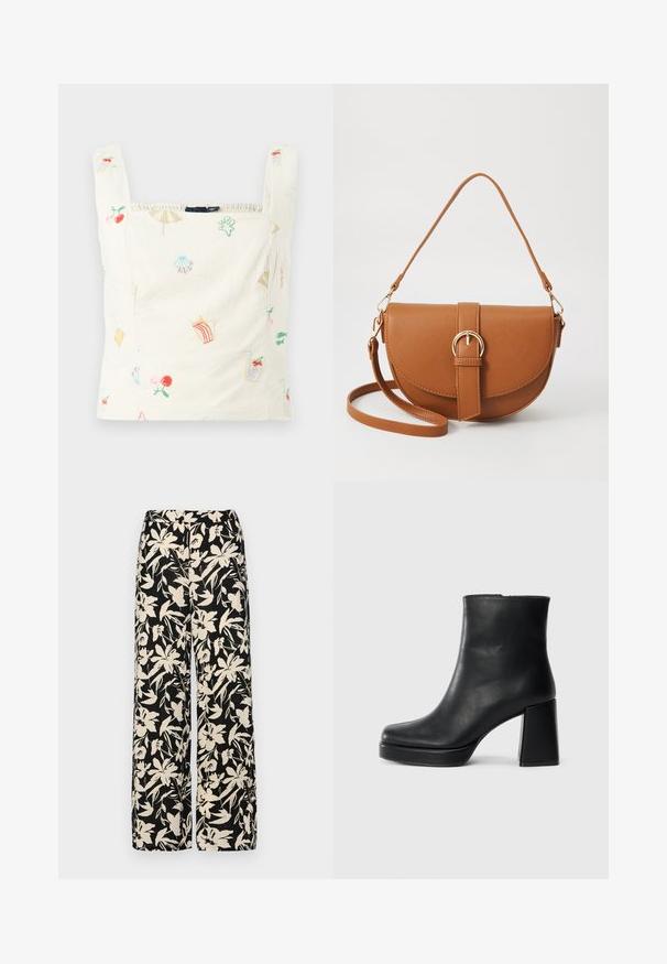 Top sin mangas de algodón bordado con un fondo crema y motivos coloridos como frutas, bebidas y artículos de playa; escote cuadrado y borde elástico.; Pantalones de pierna ancha negros con un patrón floral crema. Fabricados en un tejido ligero, con una textura suave y una cintura alta.; Botín de cuero negro con tacón cuadrado y suela de plataforma, visto de lado sobre un fondo blanco liso.; Bolso bandolera de cuero marrón con forma curvada, herrajes dorados y un acento de hebilla. Incluye una correa de hombro desmontable.