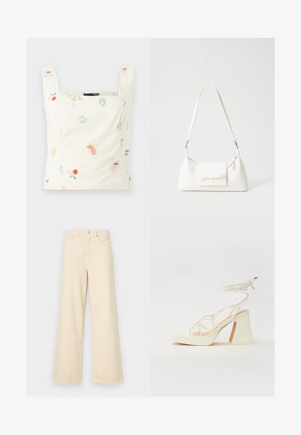 Izvezeni pamučni top s tankim naramenicama, sa krem pozadinom i šarenim motivima poput voća, pića i plažnih predmeta; kvadratni izrez i elastični rubovi.; Bež traperice širokih nogavica napravljene od pamuka. Imaju zatvaranje na dugme, petlje za remen i prednje džepove s glatkom, mekanom teksturom.; Bijela sandala na visokoj potpetici s debelim petom, s remenom i vezanjem oko gležnja. Glatka tekstura s platformom sprijeda za dodatnu visinu.; Bijela sintetička torbica s trokutastim oblikom, ravnim prednjim poklopcem i detaljem u obliku mašne, podesivom remenom, glatkom teksturom i minimalističkim dizajnom.