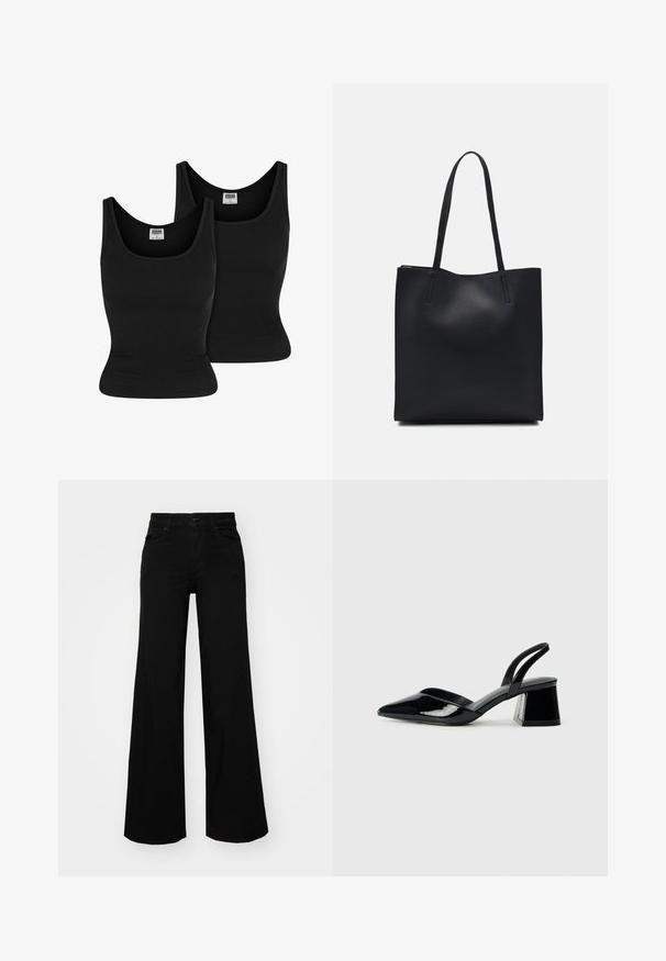 Urban Classics 2-PACK - Topp - black black; Mustad mustad püksid, mis on valmistatud denimist, struktuurse vöökohtade, vöökootidega ja esikottidega. Sile tekstuur klassikalise disainiga.; Mustad musta lakknahk kingad, millel on terav varvas ja geomeetriline plokkkonts. Omab elegantselt minimalistlikku disaini ja sujuvat tekstuuri.; Mustast nahast kott sujuva tekstuuriga, ristkülikukujuline ja kahe pika sangaga. Pole nähtavat riistvara ega kaunistusi.