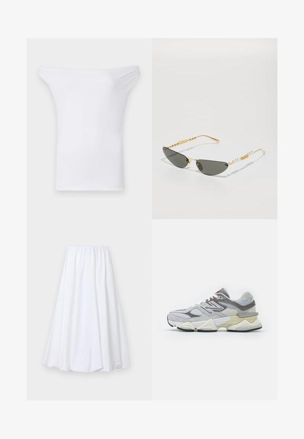 Haut blanc à épaules nues en tissu lisse et extensible. Dispose d'un large col et de manches courtes avec une forme ajustée.; Jupe longue blanche jusqu'à la cheville, dotée d'une taille élastique, fabriquée en tissu léger avec une texture douce et une silhouette fluide.; Baskets en suède gris et en mesh avec une épaisse semelle blanche et beige, présentant un logo blanc proéminent et des détails en rouge.; Lunettes de soleil avec monture dorée et verres gris foncé. Forme unique en œil de chat. Les branches présentent des perles dorées et des accents de perles alternés.