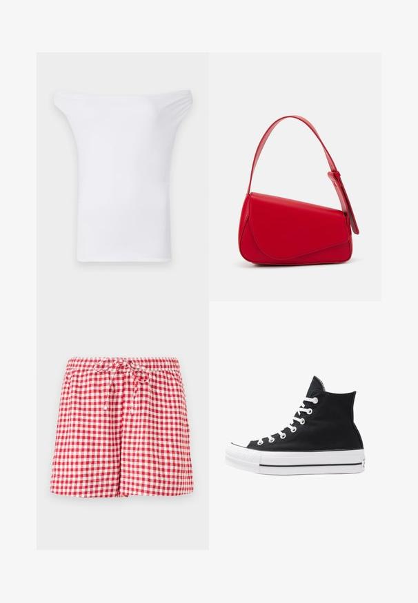 Top branco sem ombros, feito de um tecido liso e elástico. Apresenta um decote amplo e mangas curtas com um corte ajustado.; Calções de vichy em vermelho e branco, com um cós elástico e cordão. Apresentam um corte relaxado e bordas rematadas. O tecido parece leve.; Shoe de lona preta de cano alto com ilhós, atacadores e sola de borracha brancos. Apresenta um bico texturizado e detalhes em riscas preta e branca.; Bolsa de mão em couro vermelho com um design angular e geométrico. Apresenta uma única alça ajustável e um fecho com aba, com detalhes cosidos.