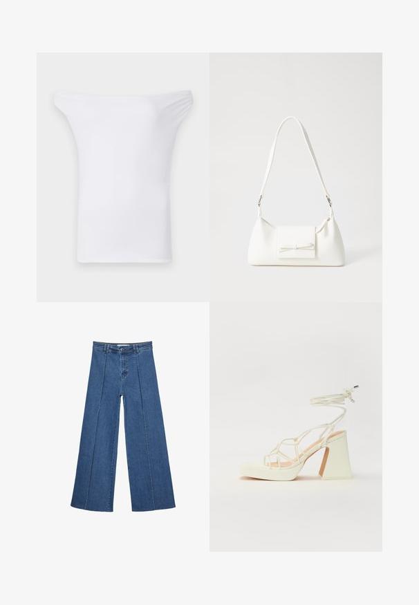 White off-the-shoulder top made of smooth, stretchy fabric. Features a wide neckline and short sleeves with a fitted shape.; Wide-leg denim jeans in medium blue, featuring a high waist, button closure, and contrasting vertical seam details along the front.; White high-heeled sandal with a chunky heel, featuring a strappy design and ankle tie. Smooth texture with a platform front for added height.; White synthetic handbag with a triangular shape, flat front flap and bow detail, adjustable strap, smooth texture, and minimalistic design.