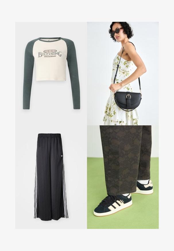 Kuttet langermet skjorte med kremfarget kropp og mørkegrønne raglanermer. Har et klassisk Billabong-logo trykt foran.; Sorte wide-leg bukser med vertikale hvite striper, elastisk midjebånd og tre hvite striper langs siden. Adidas-logo foran.; Sorte og mønstrede bukser kombinert med marineblå suedesko med kremfargede striper og hvite såler. Overflatene som vises er teksturerte og flate.; Svart lærveske med en buet form, avtagbar stropp og gullbeslag. Vesken har et klaff med spenne-detall.