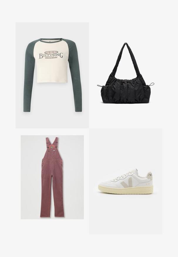 Gekürztes Langarmshirt mit cremefarbenem Körper und dunkelgrünen Raglanärmeln. Mit einem klassischen Billabong-Logo auf der Vorderseite.; Rotgestreifter Denim-Latzhose mit verstellbaren Schulterträgern, großer Fronttasche und Seitentaschen. Verfügt über Metallbeschläge und einen gestickten Saum.; Weiße Ledersneaker mit beigen Wildlederakzenten, perforierte Zehenbox, flache Schnürsenkel und eine strukturierte cremefarbene Sohle. Mit dezentem Branding an der Ferse.; Schwarze Stoffhandtasche mit geraffter Textur, zwei Schulterträgern und Kordelzugverschluss an den Seiten. Glattes, leichtes Material.