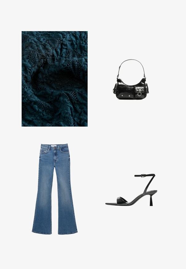 Sötét teal csipkeanyag bonyolult mintákkal és puha, texturált felülettel, amely különböző átlátszósági fokokat és részletes hímzést mutat.; Kék farmerszövet, bővülő szárú nadrág elülső és hátsó zsebekkel, övhurkokkal és gombos záródással, sík felületen, fehér háttérrel.; Bershka Magas sarkú szandálok - black; Fekete lakkbőr kézitáska ívelt formával, egy vállpánttal, elülső zsebekkel és ezüstszínű fémrészletekkel.