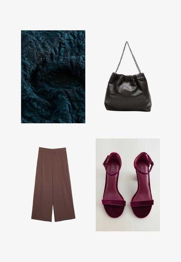 Tamno plava čipka s složenim uzorcima i mekom, teksturiranom površinom, koja prikazuje različite stupnjeve prozirnosti i detaljnu vez.; Smeđe hlače širokog kroja s glatkom teksturom, koje imaju visok struk i nabore sprijeda. Tkanina je lagana i slobodno se kreće.; Fuksija baršunaste sandale na visokom potpeticu s remenom oko gležnja, širokom prednjom trakom i glatkom kožnom unutrašnjosti. Tekstura površine i elegantan dizajn.; Smeđa kožna torba s naboranim vrhom i lančićem za nošenje. Glatka tekstura s sjajnim završetkom i suptilnim šavnim detaljima sa strane.