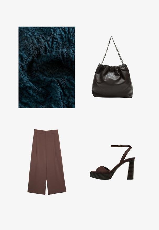 Tamno plava čipka s složenim uzorcima i mekom, teksturiranom površinom, koja prikazuje različite stupnjeve prozirnosti i detaljnu vez.; Smeđe hlače širokog kroja s glatkom teksturom, koje imaju visok struk i nabore sprijeda. Tkanina je lagana i slobodno se kreće.; Smeđe zamšaste sandale s visokim potpeticama, otvorenim prstima, podesivom trakicom oko gležnja i prugastom platformom.; Smeđa kožna torba s naboranim vrhom i lančićem za nošenje. Glatka tekstura s sjajnim završetkom i suptilnim šavnim detaljima sa strane.