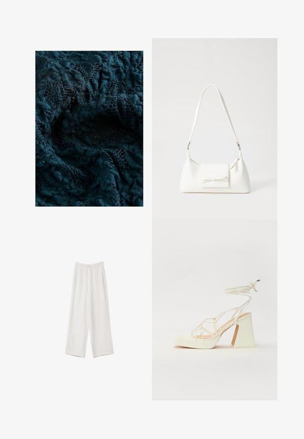 Tmavě modrá krajková tkanina s propracovanými vzory a měkkým, texturovaným povrchem, ukazující různé stupně průhlednosti a detailní výšivku.; Bílé široké kalhoty vyrobené z lehké tkaniny. Mají elastický pas se šňůrkou a boční kapsy. Hladká textura.; Bílé sandály na vysokém podpatku s robustním podpatkem, s designem s pásky a zavazováním kolem kotníku. Hladký povrch s platformou vpředu pro zvýšení výšky.; Bílá syntetická kabelka v trojúhelníkovém tvaru, s plochým předním klopným víkem a detailem mašle, nastavitelným popruhem, hladkým povrchem a minimalistickým designem.