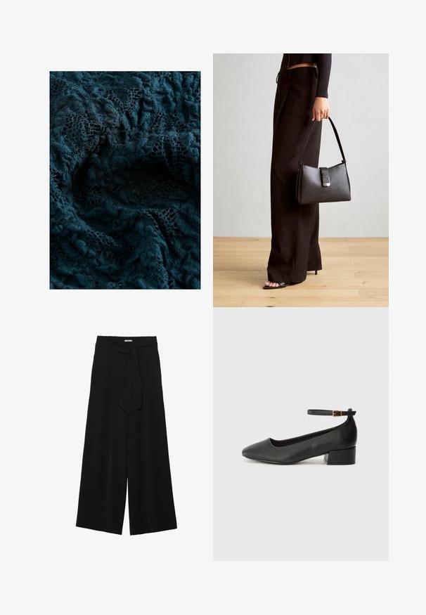 Donkerblauwe kant stof met ingewikkelde patronen en een zachte, gestructureerde oppervlakte, die verschillende gradaties van transparantie en gedetailleerde borduursels toont.; Zwarte wijde broek van textuurstof, met een elastische tailleband en een afneembare sjaalstrik in de taille voor een verstelbare pasvorm.; Zwarte leren pump met een spitse neus en een lage blokhak. Beschikt over een enkelband met een goudkleurige gespsluiting. Gladde textuur.; Zwarte handtas met gestructureerde vorm, gladde textuur en een metalen sluiting. Gecombineerd met brede zwarte broeken en sandalen met open teen op een houten vloer.