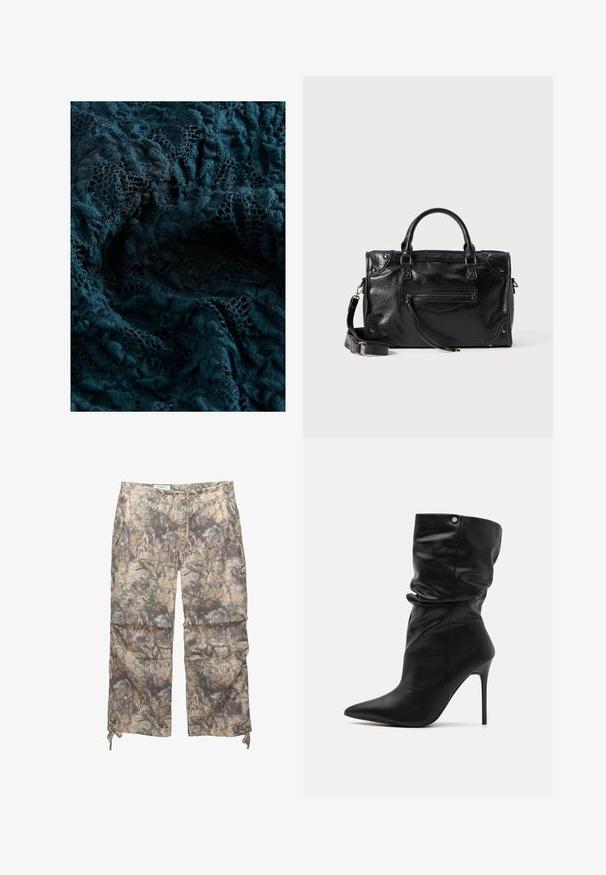 Dark teal lace fabric with intricate patterns and a soft, textured surface, showcasing varying degrees of transparency and detailed embroidery.; Camo-patterned pants with a lightweight fabric, elastic waistband, side pockets, and adjustable drawstrings at the ankles.; Even&Odd Wide Fit High heeled ankle boots - black; Black leather handbag with two short handles and a detachable shoulder strap. Features a front zip pocket and metal accents. Textured surface.