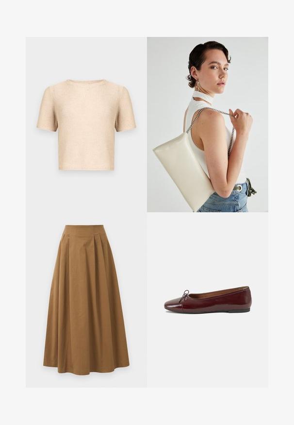 Bež pleteni top s kratkim rukavima, okruglim izrezom na vratu, teksturiranim tkanjem i neobrađenim rubom. Jednostavan dizajn, prikladan za slojevito nošenje ili samostalno.; Smeđa pamučna suknja A kroja s visokim strukom, koja ima nabore sprijeda i glatku teksturu. Završetci donjeg ruba su čisti i jednostavni.; Burgundska lakirana balerinka s zaobljenim vrhom, malim mašnom sprijeda i niskom, crnom gumenom potplatu. Glatka tekstura.; Bijela pravokutna torbica s kopčanjem, izrađena od sjajnog materijala, s srebrnim lančićem. Model pozira, prikazujući torbicu na jednostavnoj pozadini.