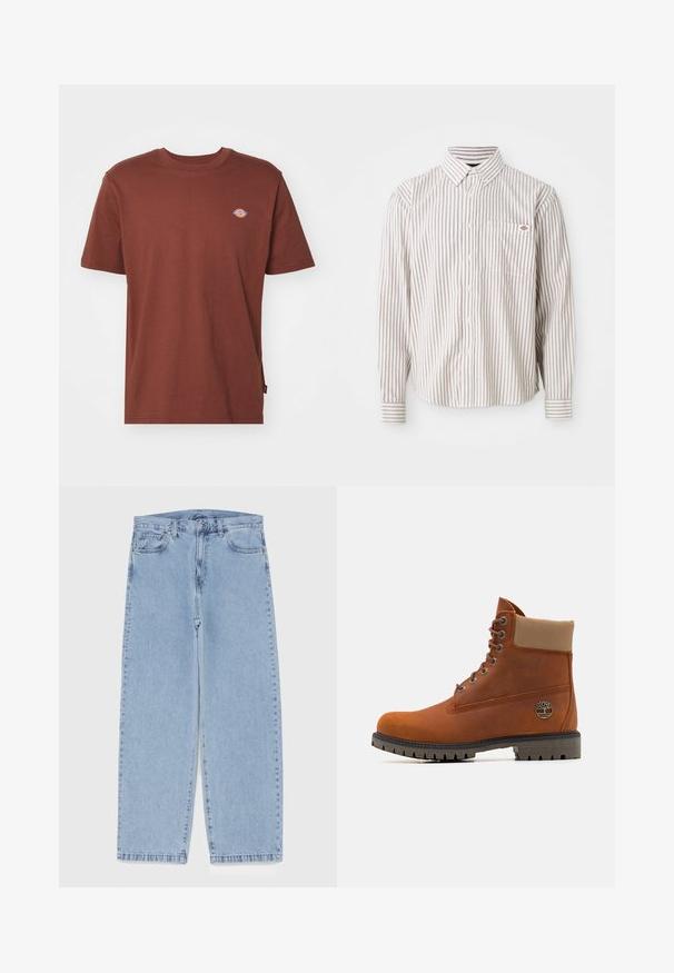 T-shirt din bumbac maro cu mâneci scurte, decolteu rotund și un mic logo pe piept. Textură netedă și croială dreaptă.; Cămașă albă cu mânecă lungă, cu nasturi, având dungi verticale subțiri roșii și un buzunar pe piept cu un logo mic roșu și albastru.; Jeans din denim de culoare albastru deschis, cu un design cu picioare drepte, având talie medie, cinci buzunare și un sistem de închidere cu nasture și fermoar.; Timberland Botine cu șireturi - medium orange