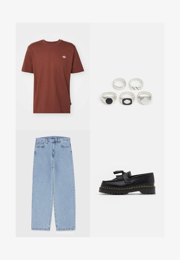 Pruun puuvillane T-särk lühikeste varrukatega, ümmarguse kaelusega ja väikese logoga rinnal. Sile tekstuur ja sirge lõige.; Heled sinise denimi sirgete põlvede lõikega teksad, millel on keskmise kõrgusega vöökoht, viis taskut ning nööbid ja tõmblukk.; Mustmust musta loafer, millel on frantsiisi aktsent, paks must tald ja kollane õmblus servas. Tekstuuriga viimistlus.; Viis hõbedast sõrmust: üks musta ümmarguse detailiga, üks valge ja musta geomeetrilise mustriga ning teised erinevate vormide ja viimistlustega.