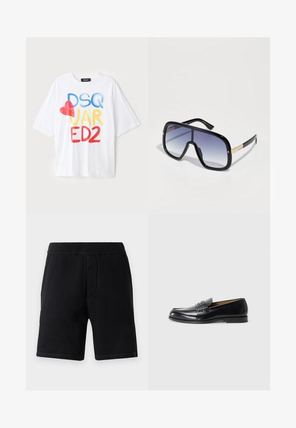 White short-sleeve t-shirt with colorful text: "DSQ JAR ED2" in blue, yellow, and red, featuring a red heart accent. Cotton fabric.; Black athletic shorts made of soft material; features an elastic waistband, two side pockets, and contrasting stitching.; Leather loafers in black with a smooth finish, rounded toe, decorative stitching, and a small metal accent on the front.; Oversized black sunglasses with a gradient purple lens, glossy finish, and gold accents on the temple. Rectangular frame shape.