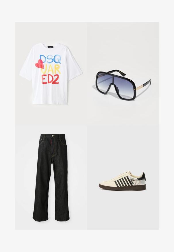 Vit t-shirt med kort ärm med färgglad text: "DSQ JAR ED2" i blått, gult och rött, med en röd hjärtaccent. Tillverkad av bomulls fabric.; Svarta raka jeans med gul sömnad, femfickorsdesign, knappstängning och en liten röd etikett på den främre högra fickan.; Krämfärgade lädersneakers med svarta ränder, brun sula och metalliskt silverhæl. Har en logotyp på sidan och klassisk snörningsdesign.; Överdimensionerade svarta solglasögon med gradient lila linser, blanka ytor och guldaccenter på bågarna. Rektangulär form.