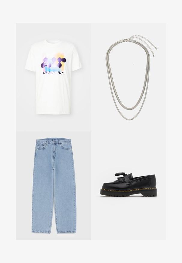 Valge puuvillane T-särk, millel on mitmevärviline geomeetriline graafika lilla rõhutusega ja triibuline äär. Tavaline ümar kaeluse disain.; Heled sinise denimi sirgete põlvede lõikega teksad, millel on keskmise kõrgusega vöökoht, viis taskut ning nööbid ja tõmblukk.; Mustmust musta loafer, millel on frantsiisi aktsent, paks must tald ja kollane õmblus servas. Tekstuuriga viimistlus.; Kolmekihiline hõbedane metallkaelakee, mis on valmistatud peentest, paindlikest kettidest kerge läikega, kinnitatud krabi sulguri ja reguleeritava ketiga.