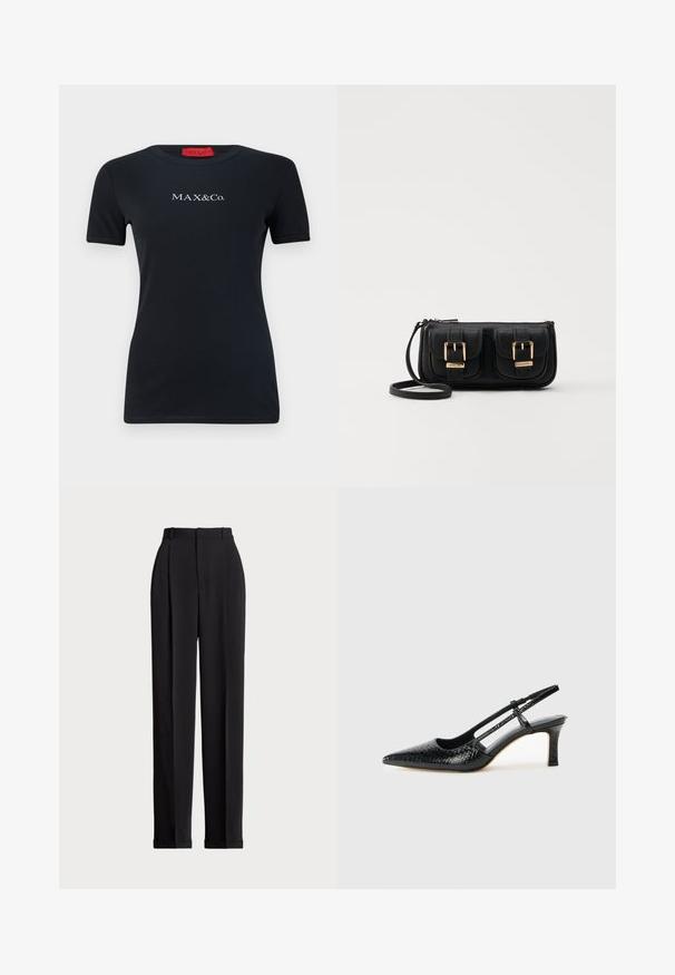 Čierne tričko s krátkym rukávom vyrobené z bavlny, s okrúhlym výstrihom a bielym logom "MAX&Co.". Hladká textúra, úzky strih.; Čierne prispôsobené nohavice s vysokým pásom, prednými záhybmi, rovnými nohavicami a manžetami na leme. Vyrobené z hladkej tkaniny.; Čierne patentové slingback topánky na ihlovom podpätku s špicatou špičkou, s textúrovaným hadím vzorom, nastaviteľným popruhom a krátkym, textúrovaným blokovým podpätkom.; Čierna kožená crossbody taška s dvoma prednými vreckami, zlatými sponami, zipsovým uzatváraním a úzkym popruhom. Štruktúrovaný povrch a kompaktný obdĺžnikový tvar.
